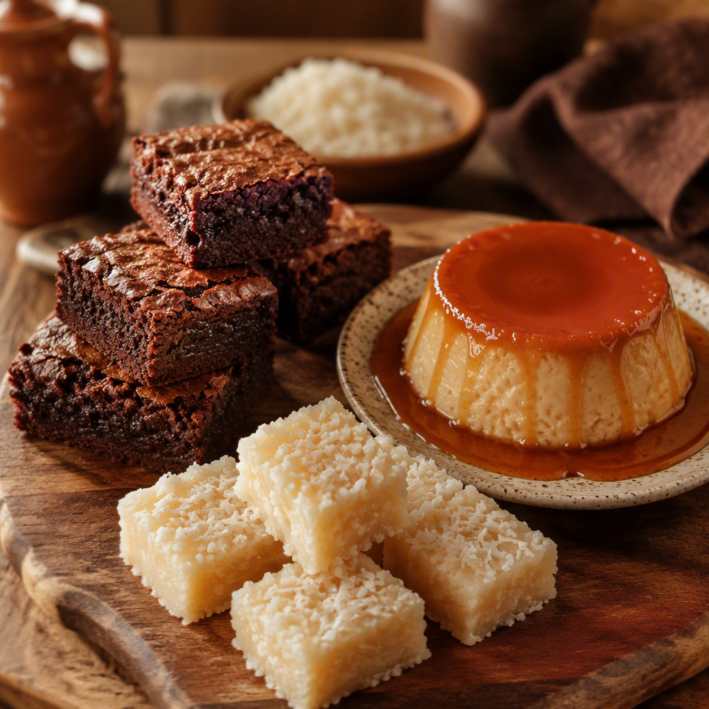 Brownies, pudim e cocadas